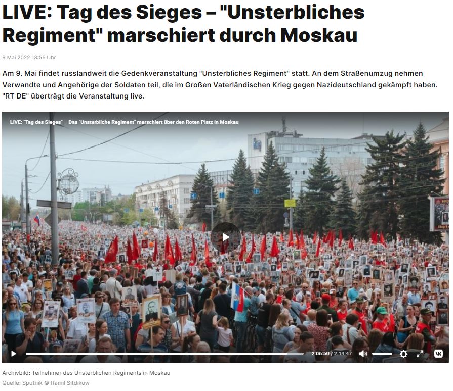 "Ein Fest der Freude mit Tränen in den Augen" – Gedenken zum Siegestag in Moskau
9 Mai 2022 20:15 Uhr
Allein in Moskau wurden dieses Jahr über eine Million Menschen erwartet, die mit Porträts ihrer Vorfahren durch die Straßen der Stadt marschieren, um an sie zu erinnern und ihre Dankbarkeit zum Ausdruck zu bringen.